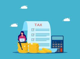 woman sitting on a chair with a calculator and tax form on a stack of coins, flat design vector