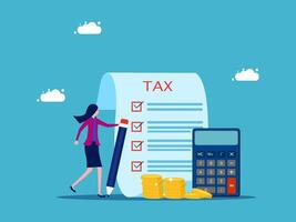 businesswoman with calculator and pen on paper, check list, money and calculator, flat design vector