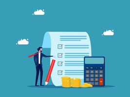 businessman with calculator and pen on paper, check list, money and calculator, flat design vector