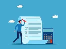 man with calculator and checklist on blue background vector