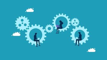 people sitting in a circle with gears around them vector