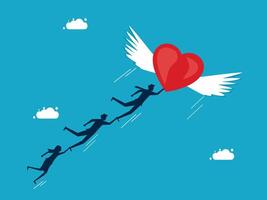 people running with wings and heart on blue background vector