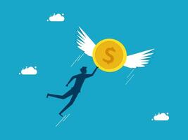 man flying with dollar coin and wings on blue background vector