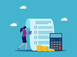 businesswoman with calculator and check list, money and calculator, flat design illustration vector