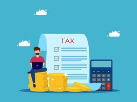man sitting on a pile of coins with calculator and tax form on a blue background vector