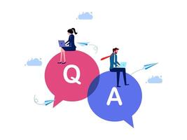 two people sitting on top of two speech bubbles with the words qa and a vector
