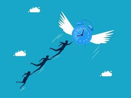 time management concept with people running to an alarm clock with wings vector