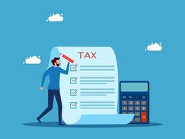 man with calculator and tax checklist on blue background vector