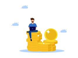 man sitting on top of stacks of coins with laptop vector
