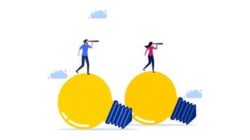two people standing on top of a light bulb vector