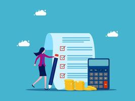 businesswoman with calculator and check list, money and calculator, flat design illustration vector