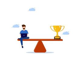 a man sitting on a balance scale with a trophy in front of him vector