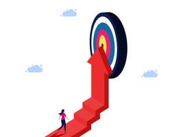 isometric illustration of a person climbing up the stairs to the target vector