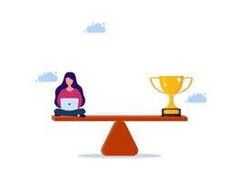 woman sitting on a balance scale with a trophy in front of him vector