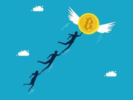 people are pulling a bitcoin coin with wings vector