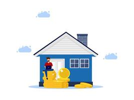 a man sits on top of a house with stacks of gold coins vector
