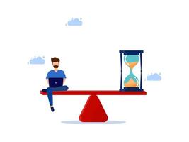 man sitting on a balance with hourglass vector