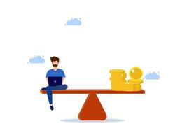man sitting on a balance scale with coins and money vector