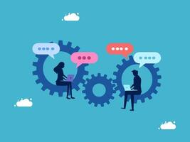 business people sitting in a circle with gears around them vector
