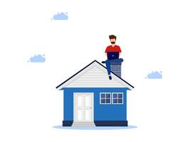 man sitting on top of a house with laptop vector