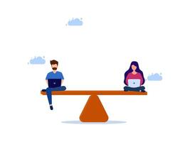 two people sitting on a balance beam with laptops vector