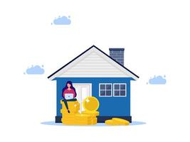 woman sits on top of a house with stacks of gold coins vector