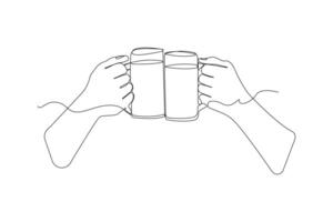 Two hands clinking glasses continuous line art drawing. vector