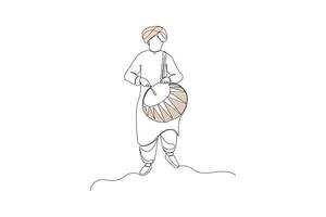 Man playing dhol musical instrument continuous line drawing. vector