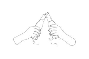 Continuous single-line art drawing of two hands toasting bottles. New Year celebration concept outline vector