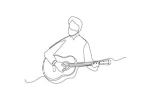 Man holding guitar one-line art drawing. Guitar musical instrument continuous outline . vector