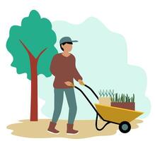 Man with wheel barrow, gardening concept. Farmer with a wheelbarrow. Gardeners work. A man pushes a wheelbarrow with seedlings vector