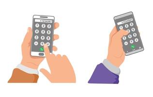 Dial number concept set. Hand holding the phone with the keypad with numbers on the screen. Keyboard template in touchscreen device. Phone call vector