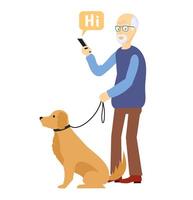 Senior man using smartphone for social connection. Elderly male character communicate in social networks. Grandfather with a dog on a walk vector