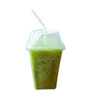 Iced matcha green tea with condensed milk in transparent plastic glass with white straw isolated with clipping path in file format png