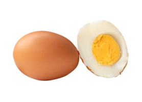 Side view of boiled or cooked brown chicken eggs with half and egg yolk in stack isolated with clipping path in file format png