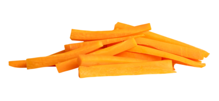 Side view of orange carrot slices in stick shape in stack isolated with clipping path in file format png