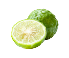 Top view of fresh green bergamot fruit or kaffir lime with half in stack isolated with clipping path in file format png