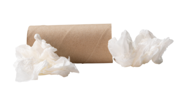Side view of screwed or crumpled white tissue paper ball with cores or tube in stack isolated with clipping path in file format png