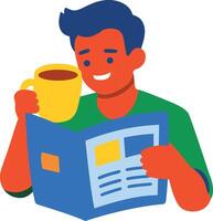 Boy reading news while sipping tea, flat icon vector