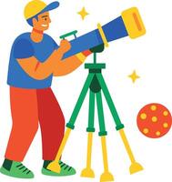A flat icon of an astronomer seeing through telescope vector
