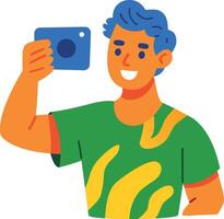 Happy boy taking selfie, flat character icon vector