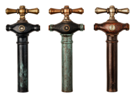Vintage water taps in various finishes on display png