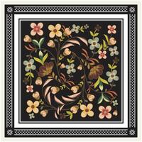 Vintage Styles Flower Motif with Black Background, Square Shape Geometric Border Scarf Pattern. vector