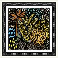 Green and Yellow Color Combination Topical Shape Print Placement, Square Shape Scarf with Geometric Border vector