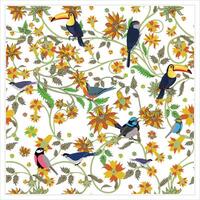 A group of colorful birds, depicted in a vibrant and lively manner. It is likely a drawing or painting, showcasing their beauty in an artistic way. The presence of flowers suggests a natural setting vector