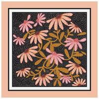 Pink Flower Hand Drawn with Brown Leaves Branches, Dark Color Background with Line Texture, Square Shape Scarf vector