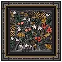 Hand Drawn Paint Red and White Flower with Green Leaves, Doted and Line Texture Background Print Placement. vector
