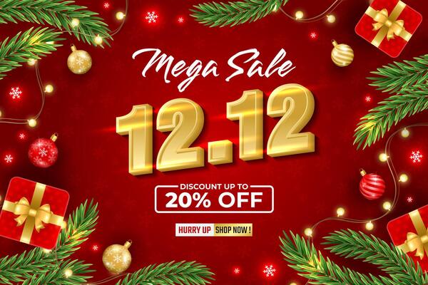 12.12 Mega Sale background with Christmas branch, balls, snowflakes. For sale, banner, posters, cover design templates, social media wallpaper stories. Christmas concept