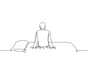 man sitting on a made single bed, view from the back - one line art vector