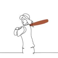 female baseball player in cap swinging bat behind back - one line art vector